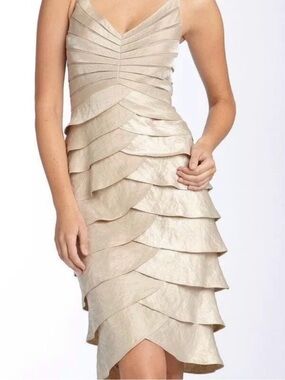 Adrianna Papell Champagne Gold Tiered Ruffle Satin Cocktail Dress M